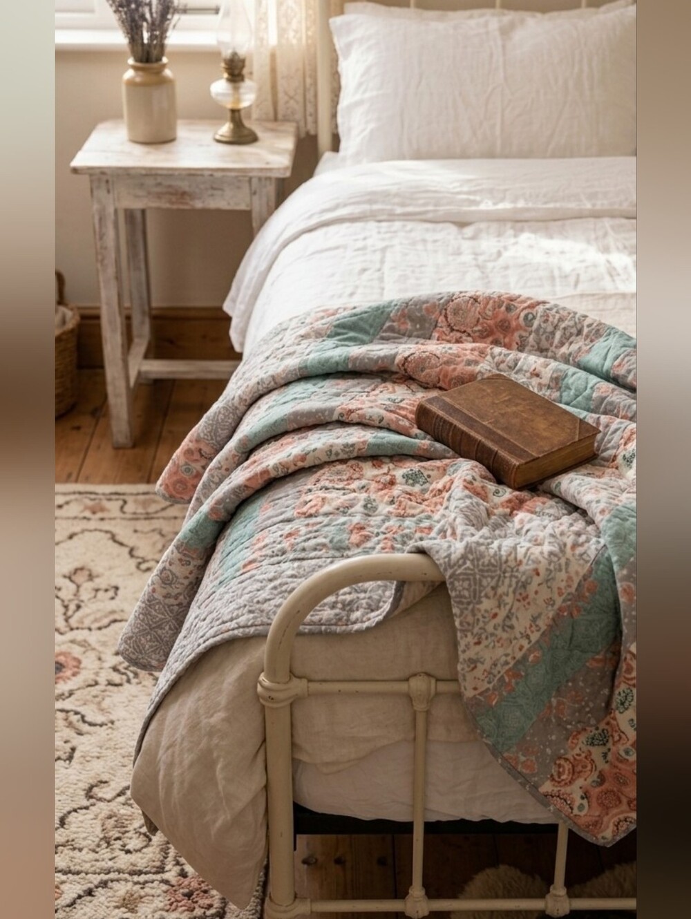 Vintage Cottagecore Handmade Floral Patchwork Quilt | Cozy Teal & Pink Throw